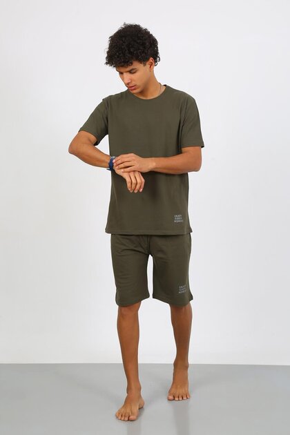 Men's Cotton Lacoste Bottom Top Capri Pajamas Suit Khaki 6872