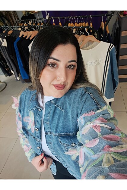 Çiçek detaylı tasarım kot ceket