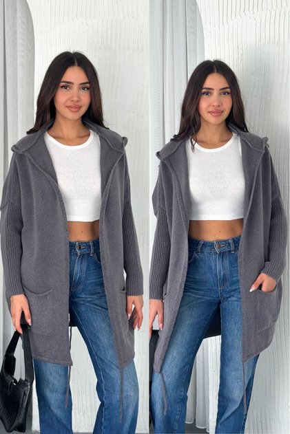 Damen-Strickjacke mit geräucherter Fledermausärmel, doppelten Taschen, Kapuze, lockerer Passform, Oversize, Standardgröße