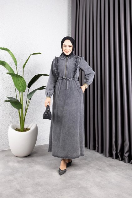 Rochie din denim pentru femei, cu talie elastică și legături la talie