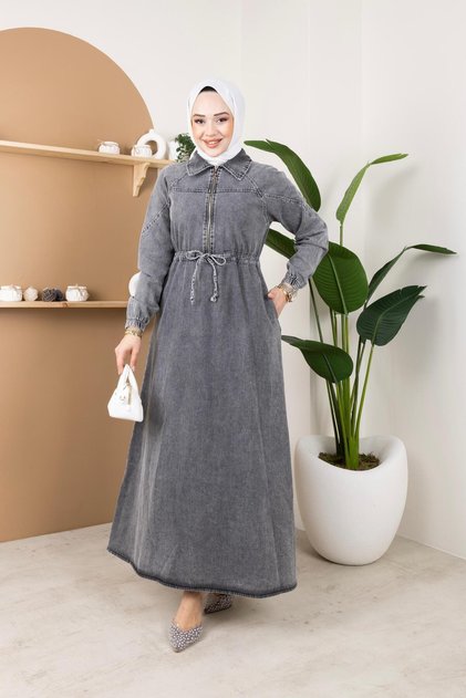 Women's Waist Lace-Up Zipper Detailed Denim Dress