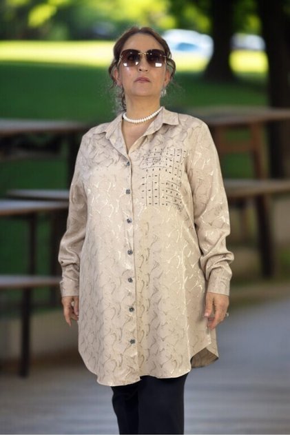 Stone-Embroidered Pearl Front Button Long Sleeve Oversized Jacquard Satin Shirt Tunic