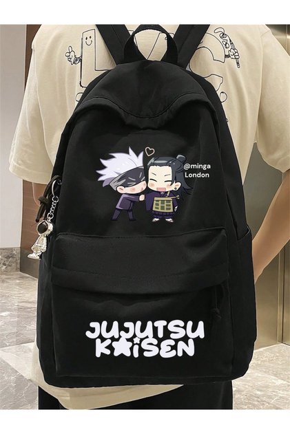 حقيبة ظهر مدرسية مطبوعة من Jujutsu Kaisen باللون الأسود، وغرفة الدراسة، وحقيبة ظهر مطبوعة بالدورة -Minga London