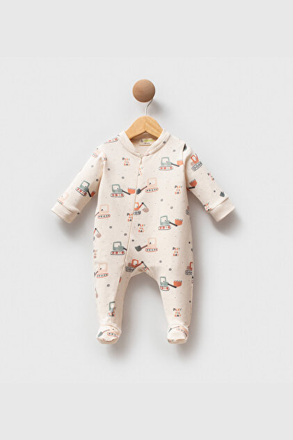 Soft Touch Front Zippered Cotton Long Sleeve Patterned Daily Baby Boy Jumpsuit with Booties