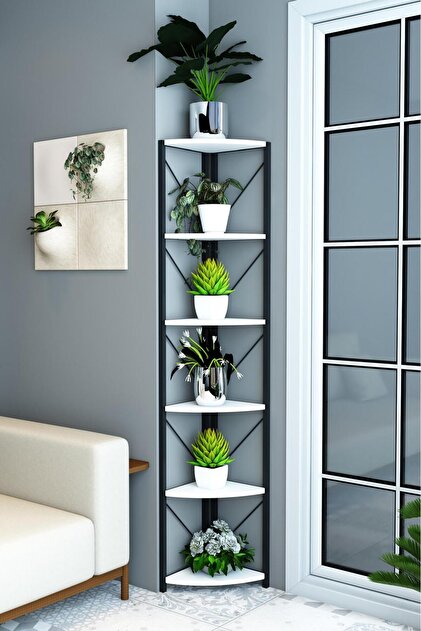 6 Raflı Metal Köşe Rafı Saksılık Çiçeklik Çok Amaçlı Dekoratif Duvar Rafı 180 cm