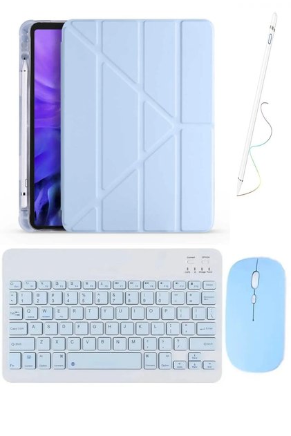Apple iPad 7. 8. ve 9. NESİL Uyumlu 10.2 İNÇ Uyumlu Trifolding Kılıf+Klavye Mouse+Kalem MAVİ