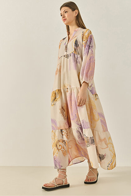 Bianco Lucci Women's V-Neck Patterned Lined Flounce Long Linen Dress 3032  60283274- Trendyol