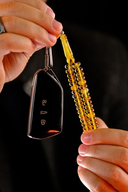 Silver Keychain Design Wrist Length Russian Drop Amber Rosary (Amber), (مسبحة قطرة كهريبار)