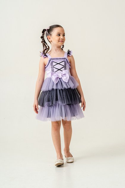 Kuromi Bow Detailed Tulle Lilac Children's Dress