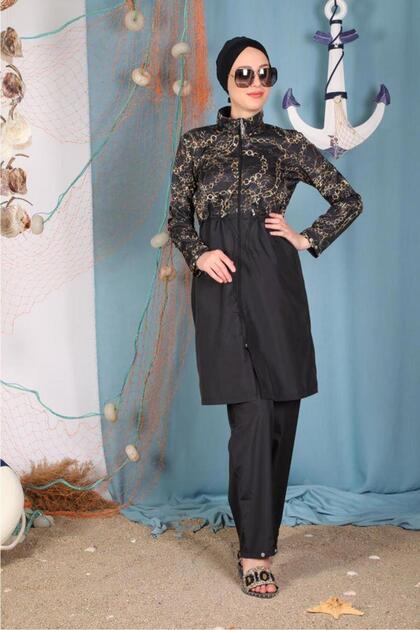 Helena Black Chain Patterned Design Hijab Swimsuit Set