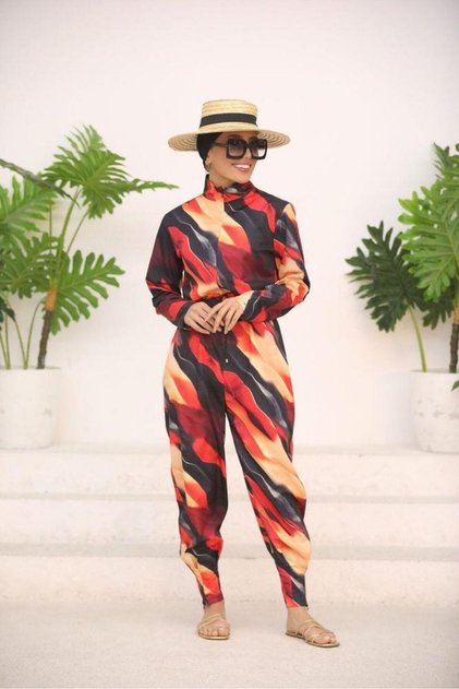 Flame Pattern Design Hijab Parachute Fabric Jumpsuit Swimsuit