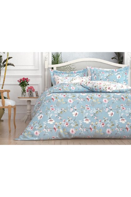 Blue White Floral Patterned Single Duvet Cover Set 100% Cotton 62 Wire Fabric (12-27549)