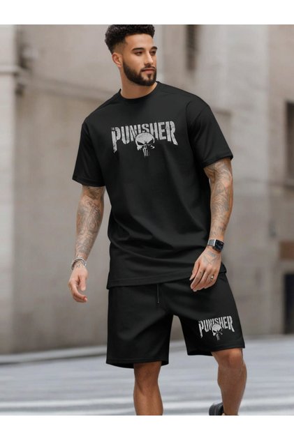 Мъжки комплект черни шорти с горнище отдолу, дизайн на Punisher