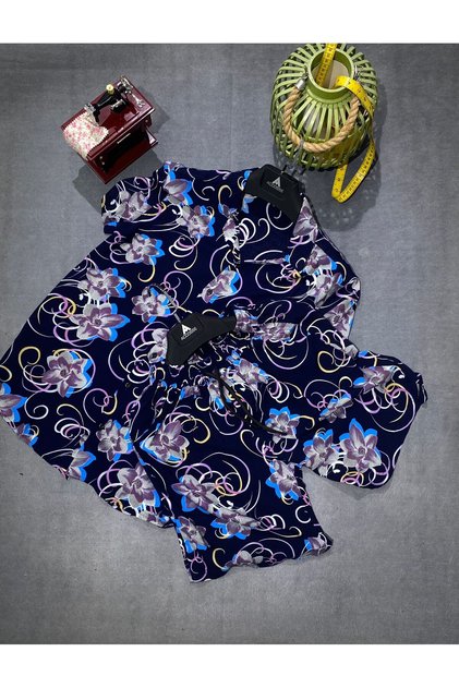 Navy Blue Color Patterned Viscose Men's Shirt - Shorts Bottom Top Set