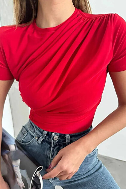Women's Crew Neck and Waist Drawstring Sandy Fabric Short Sleeve Blouse