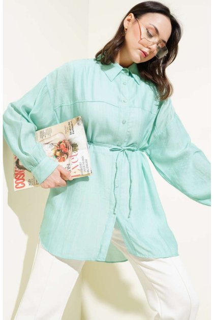 Robed Drawstring Belted Long Sleeve Shirt