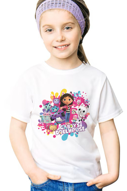 Gabby Dollhouse Pattern Printed Children's Black and White Tshirt