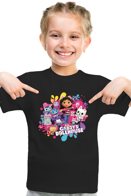 Gabby Dollhouse Pattern Printed Children's Black and White Tshirt