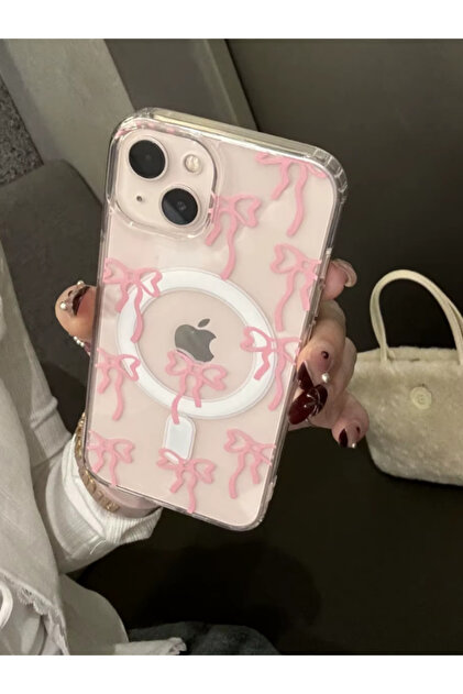Apple Iphone 13-14-15 Uyumlu Pembe Fiyonk Desenli Magsafe Şeffaf Kılıf Darbeye Dayanıklı Kapak
