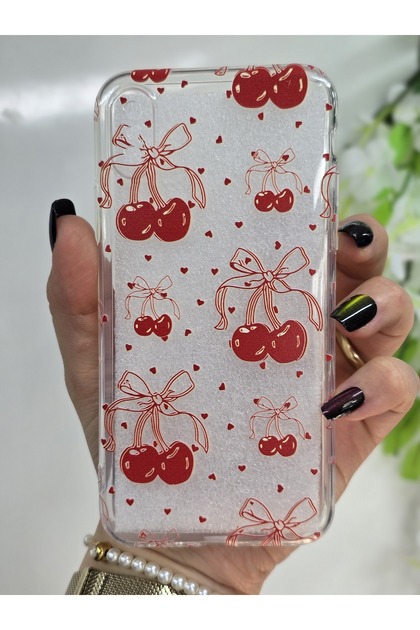 iPhone X / XS Compatible Cherry and Tiny Hearts Patterned Transparent Phone Case