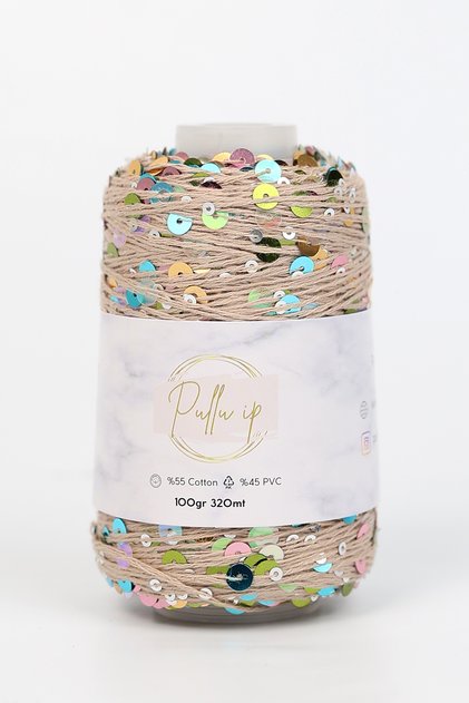 Pullu İp 100 gramlık bobinlerinde 320 metre uzunluk Pul Boyutu: 3mm+6mm