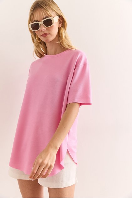 Women's Light Pink Modal Textured Soft Textured Six Oval T-Shirt Tsh-19000771