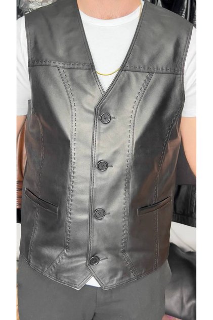 Genuine Leather Black Embroidered Buttoned Men's Vest
