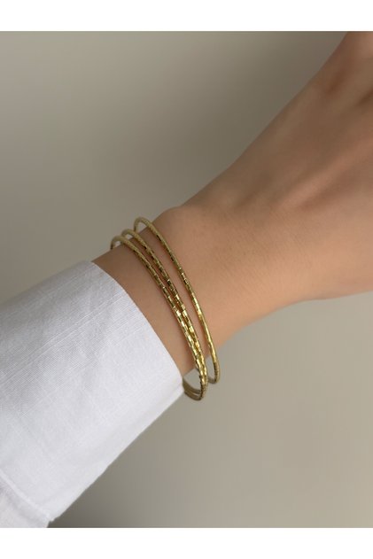 Çelik Gold Pul Desenli 3lü Ajda Bilezik 6.4 Ölçü -kararma yapmaz-