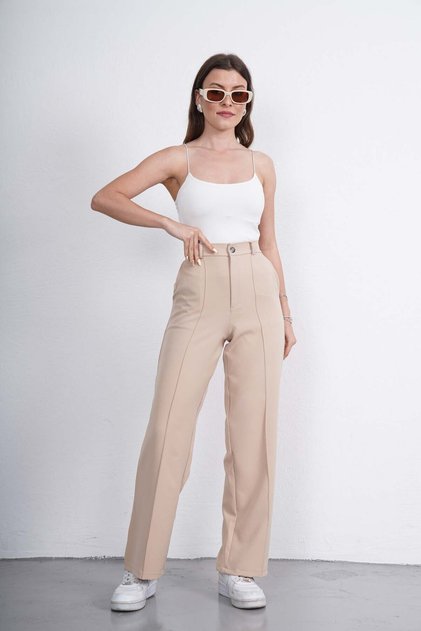 Beige High Waist Front Stitched Palazzo Trousers