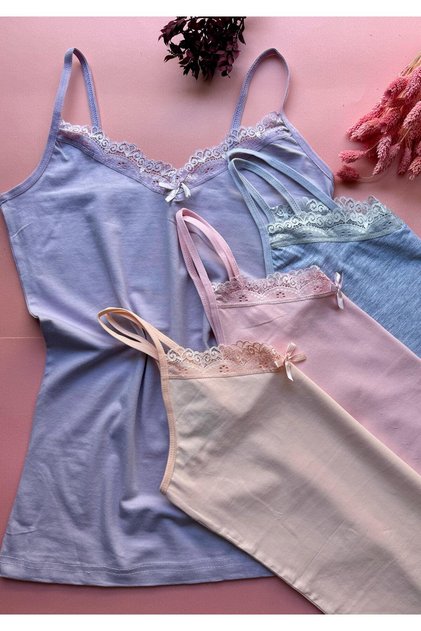 4 Pieces Colorful Thin Rope Strap Bow Lace Detailed Tank Top