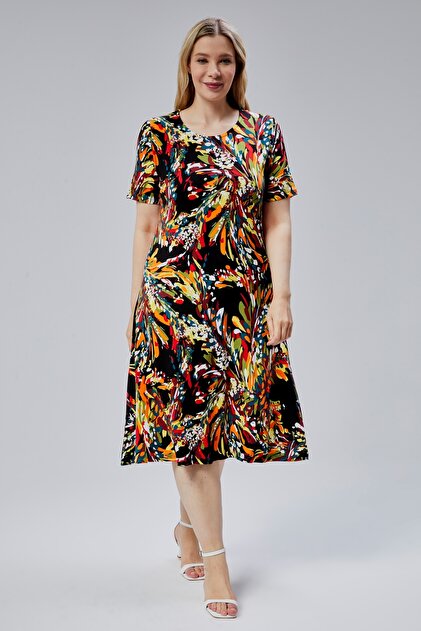 Short Sleeve Flare Orange Mixed Color Women Dress