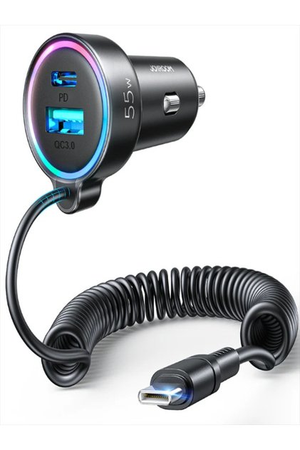 شاحن سيارة 3 في 1 بمنفذ USB من النوع C بتقنية PD مع كابل بيانات Lightning Pin Spring بقوة 45 وات، أسود