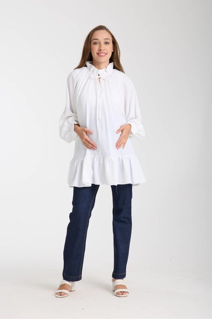 Işşil 50837-Ruffled Collar Layered Skirt Owersize Maternity Blouse-Tunic