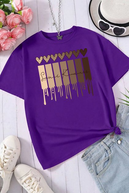 Unisex Leopard Patterned Heart Printed Relaxed Cut Purple T-Shirt