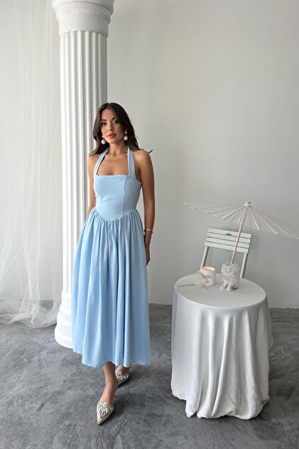My Reality Fashion Blue Halter Linen Dress- Trendyol My Reality Fashion Blue Halter Linen Dress- Trendyol