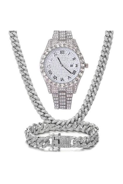 Set cadou cu 3 accesorii cubaneze, bărbați, cristale de zirconiu, cascadă de cristal, oțel inoxidabil, argintiu