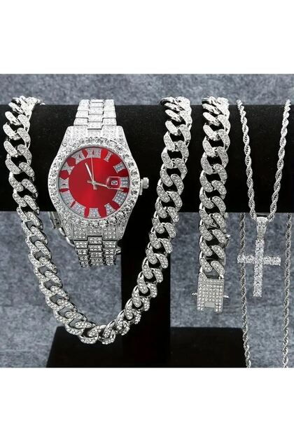 Set cadou 4 accesorii cubaneze, bărbătesc, ceas + brățară + 2 lanțuri, cristale de zirconiu, argintiu și roșu