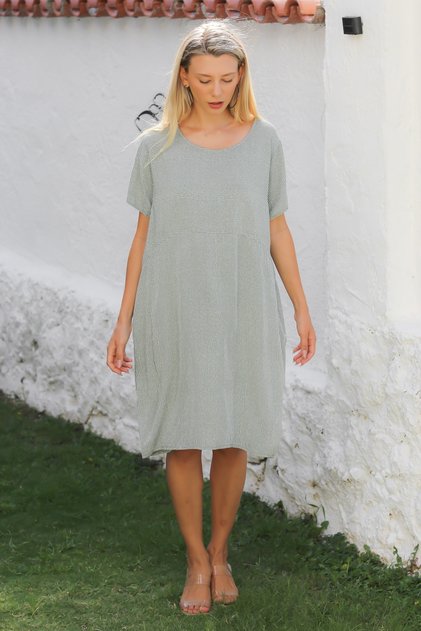 KHaki Round Neck Striped Short Sleeve Casual Dress - Italian Woven