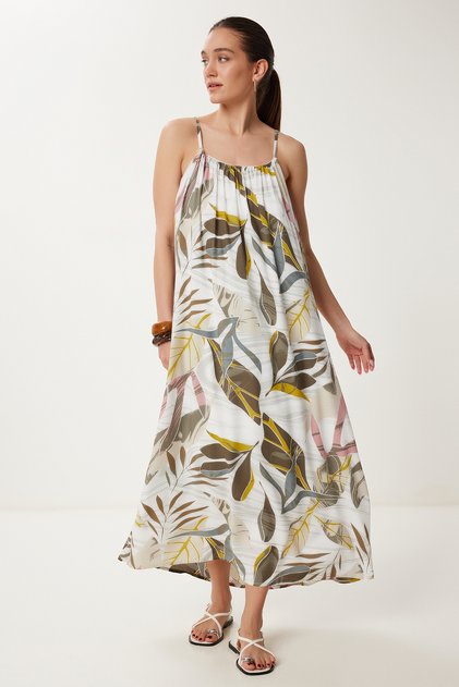 Patterned Straps Comfortable Viscose Dress White Khaki Lrg0018