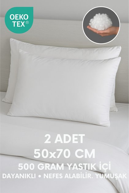 50x70 cm 2 Adet Micro Saten Kumaş Yastık – %100 Silikon Elyaf Dolgu, 500 Gram, Yumuşak, Nefes Alabilir, Terletmez