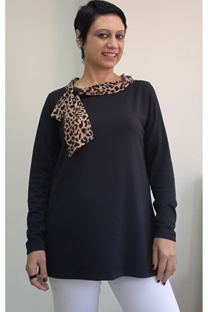 Black Long-Sleeved Leopard Collar Garnished Bow Look Boat Neck Combed Viscose T-Shirt