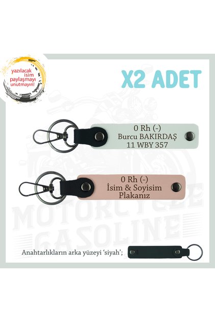 Leather 2-Key Chain with Name Plate and 0 Rh (-) Blood Group Written, Yavruağzı-White-Syh, Motorcycle Sevene
