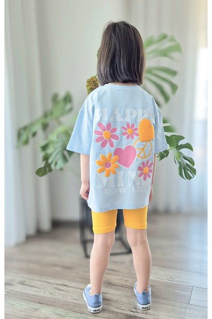 Flower Pattern Puffy Print Blue Tshirt Sun Yellow Biker Leggings Girl's Summer Suit Mtyk0057