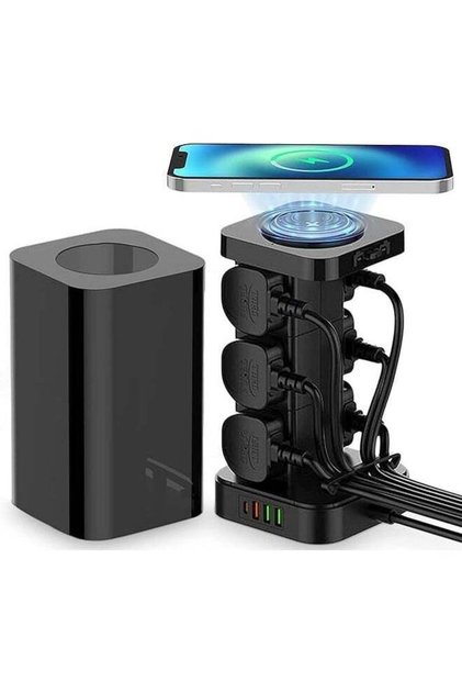 3 in 1 Power Extension Cord With Wireless Charger, And Cable Management Box