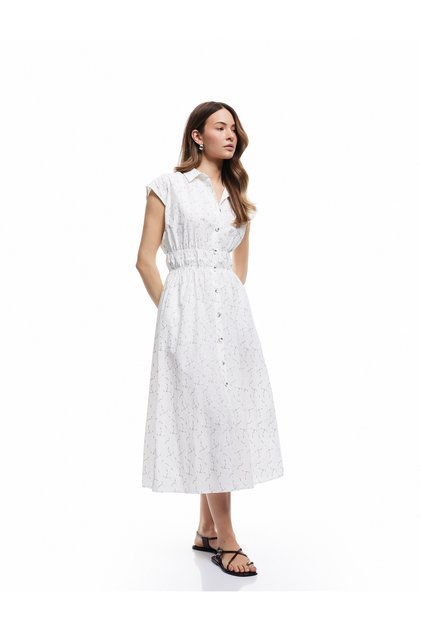 Lined Buttoned Scalloped Pattern Midi Sleeveless Shirt Dress