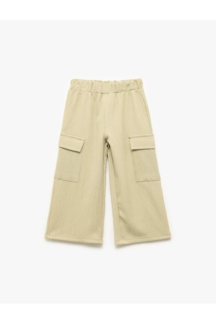 Crinkle Fabric Wide-Leg Cargo Pants with Elastic Waist