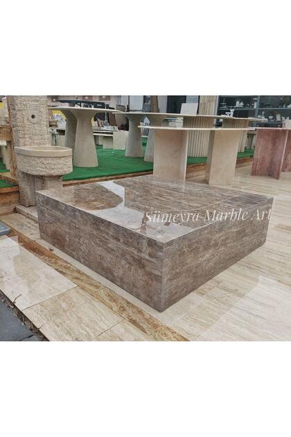 Doğal Gümüş Traverten Orta Sehpa | Marble Coffee Table | 110*110cm | TEKERLEKLİ