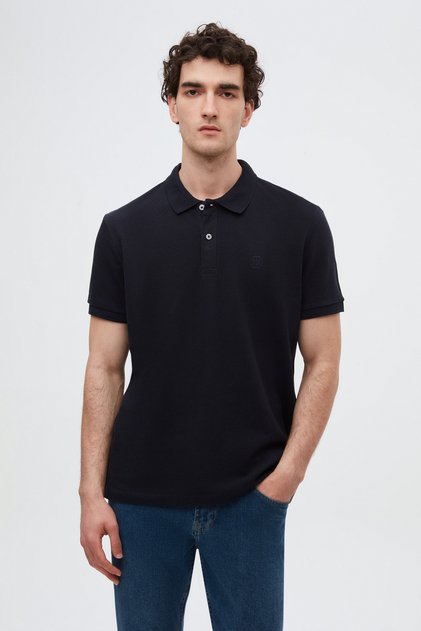 Regular Fit Navy Blue Pique Textured 100% Cotton Non-Curling Polo Neck Embroidered T-Shirt