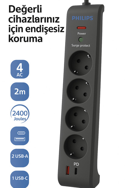 Philips SPN4140GA Akım Korumalı Priz 4'lü + 2x USB-A 18W + 1x USB