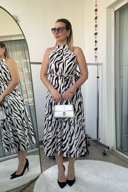 Halter Neck Zebra Pattern Long Sleeveless Dress